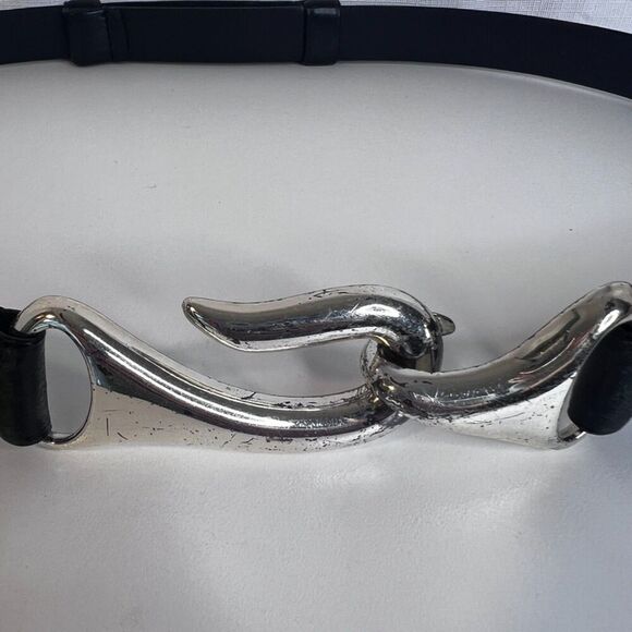 Chicos Statement Belt Silver Metal Hook Buckle Black Leather Adjustable MD** - Picture 5 of 9